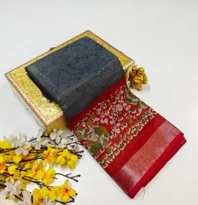 Floral Paisley Printed Pallu Soft Linen-Cotton Saree